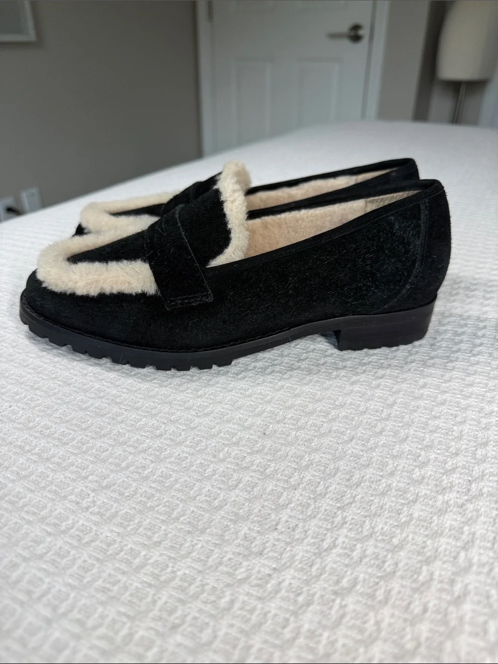 Talbots suede and shearling black loafers size 7